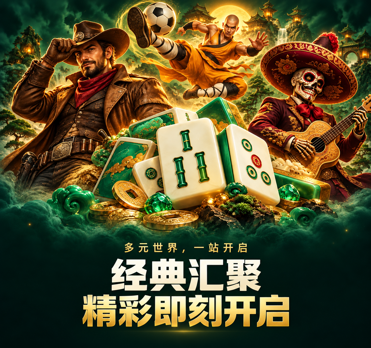 多元世界，一站开启。经典汇聚，精彩即刻开启。麻将、赏金猎人、少林足球与亡灵大盗主题插画。